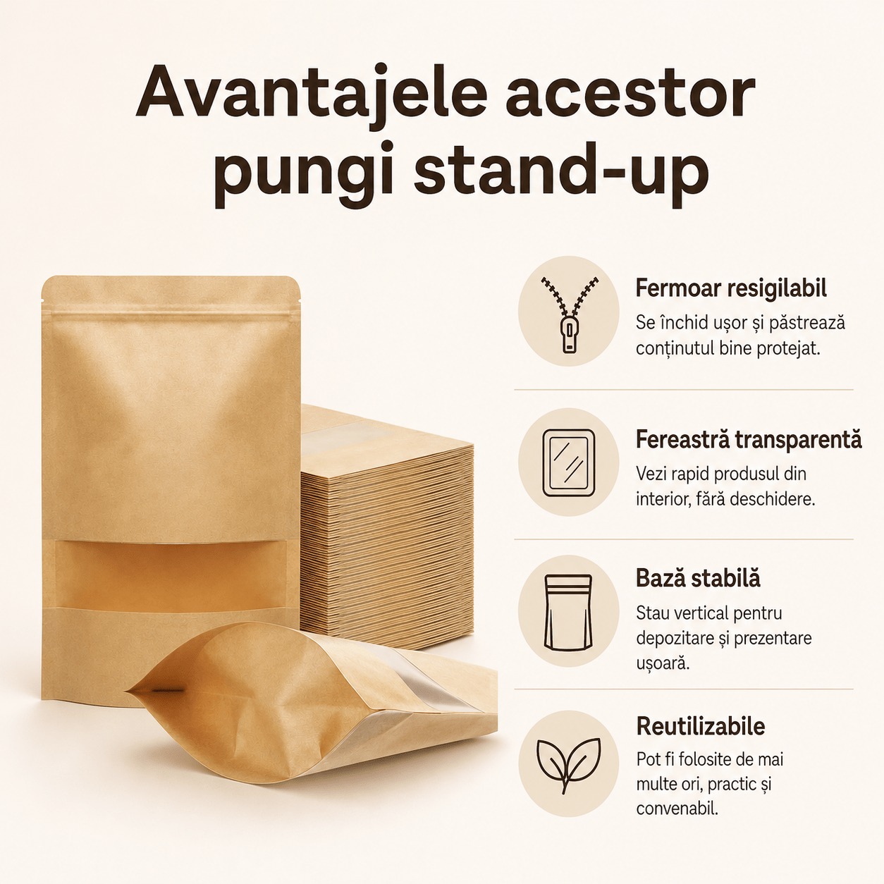 Pungi stand up reutilizabile cu fereastră și fermoar - kraft (set 100 buc) - CraftUp
