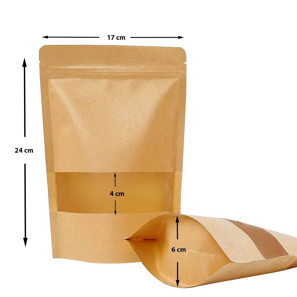Pungi stand up reutilizabile cu fereastră și fermoar - kraft (set 100 buc) - CraftUp