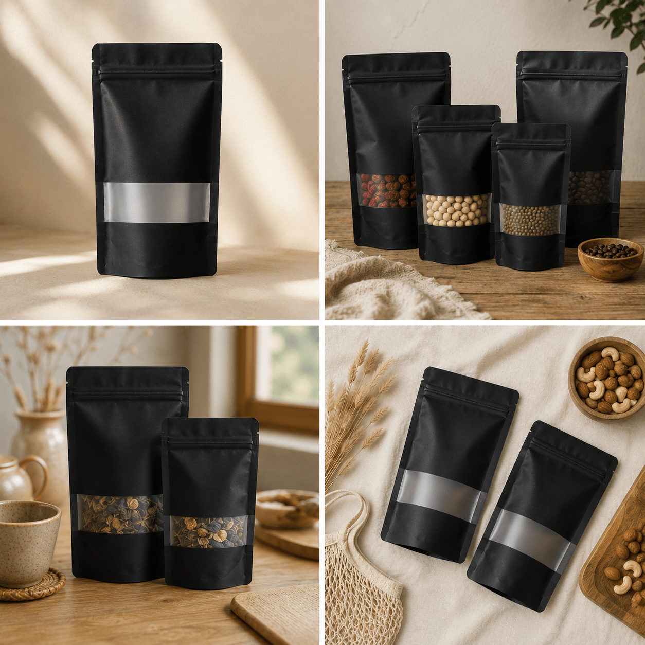 Pungi stand up reutilizabile cu fereastră și fermoar - negru (set 50 buc) - CraftUp