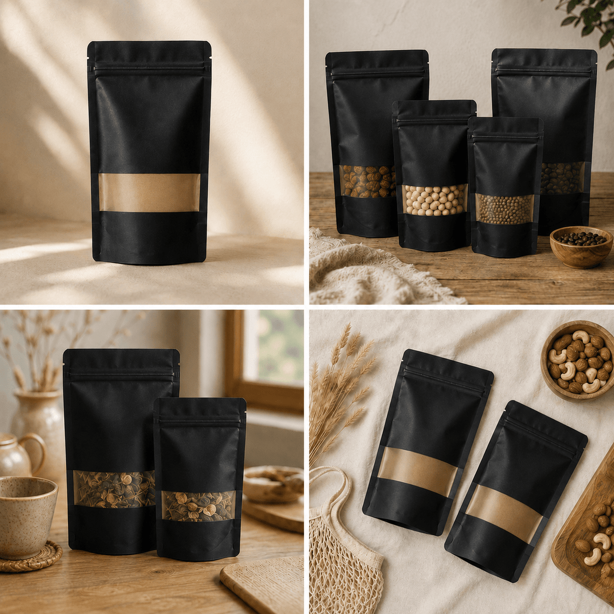 Pungi stand up reutilizabile cu fereastră și fermoar - negru (set 50 buc) - CraftUp