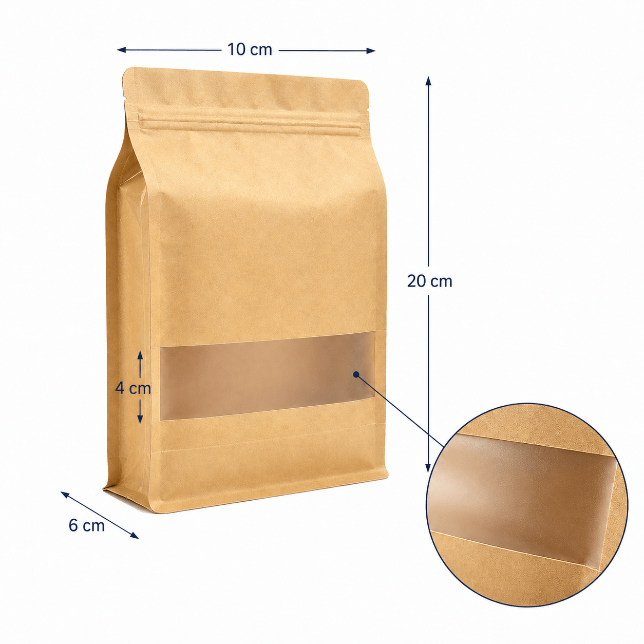 Pungi stand up reutilizabile cu fund plat, fereastră și fermoar - kraft (set 50 buc) - CraftUp