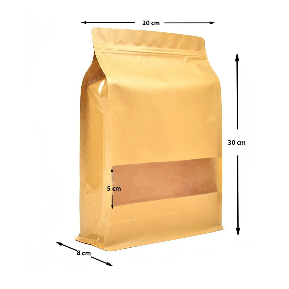 Pungi stand up reutilizabile cu fund plat, fereastră și fermoar - kraft (set 50 buc) - CraftUp