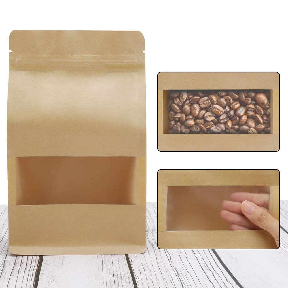 Pungi stand up reutilizabile cu fund plat, fereastră și fermoar - kraft (set 50 buc) - CraftUp