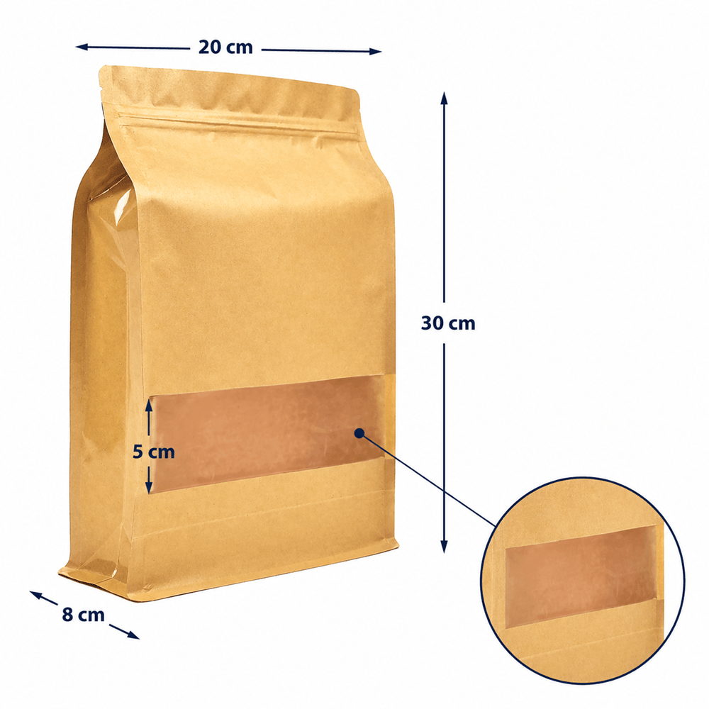 Pungi stand up reutilizabile cu fund plat, fereastră și fermoar - kraft (set 50 buc) - CraftUp