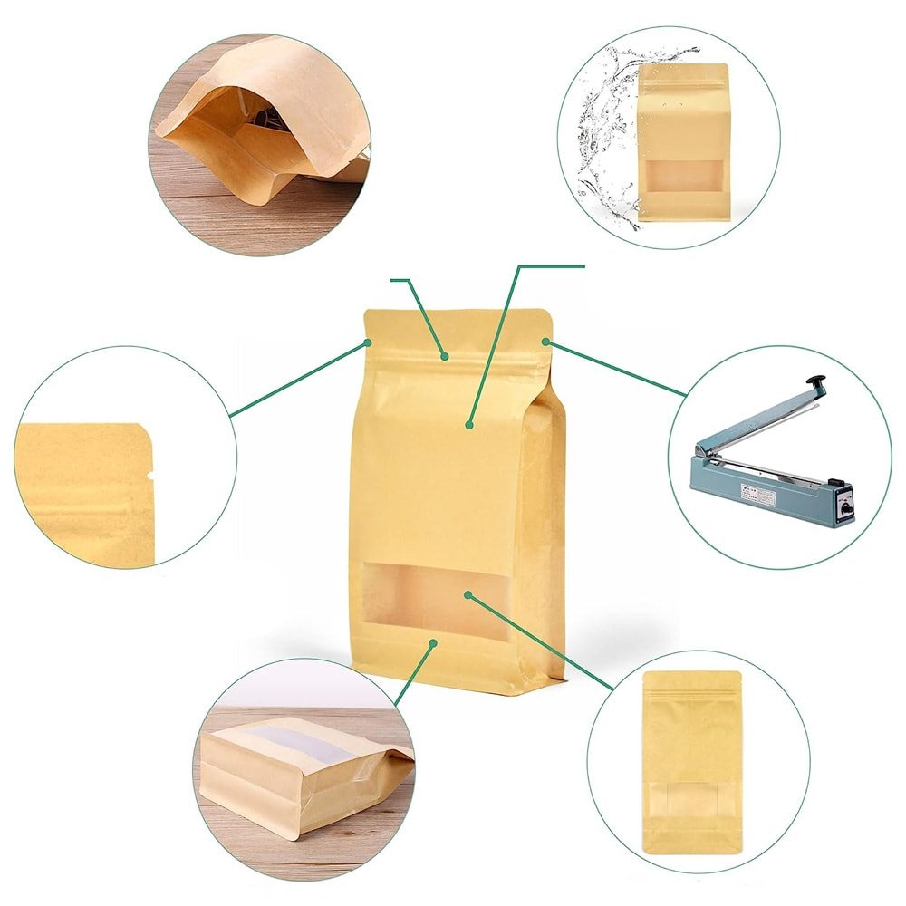 Pungi stand up reutilizabile cu fund plat, fereastră și fermoar - kraft (set 50 buc) - CraftUp