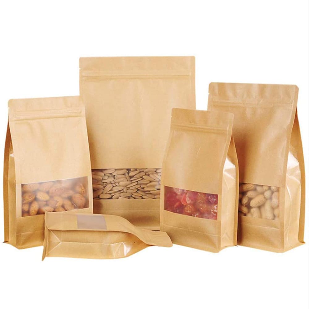 Pungi stand up reutilizabile cu fund plat, fereastră și fermoar - kraft (set 50 buc) - CraftUp