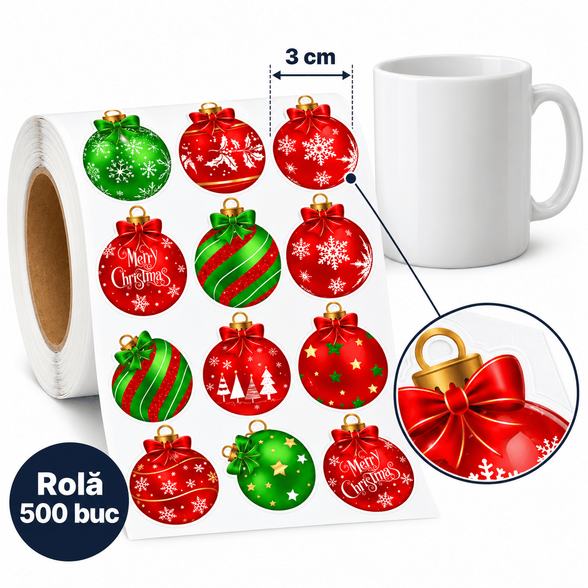 Rolă stickere de Crăciun cu globuri - multicolor (500 buc) - CraftUp