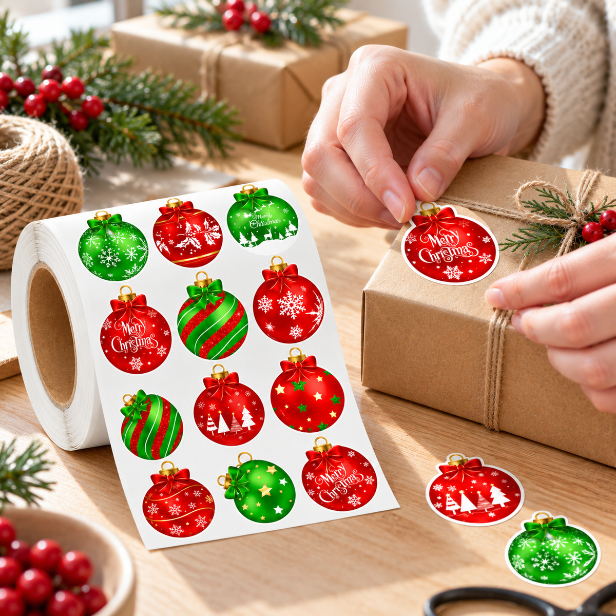 Rolă stickere de Crăciun cu globuri - multicolor (500 buc) - CraftUp