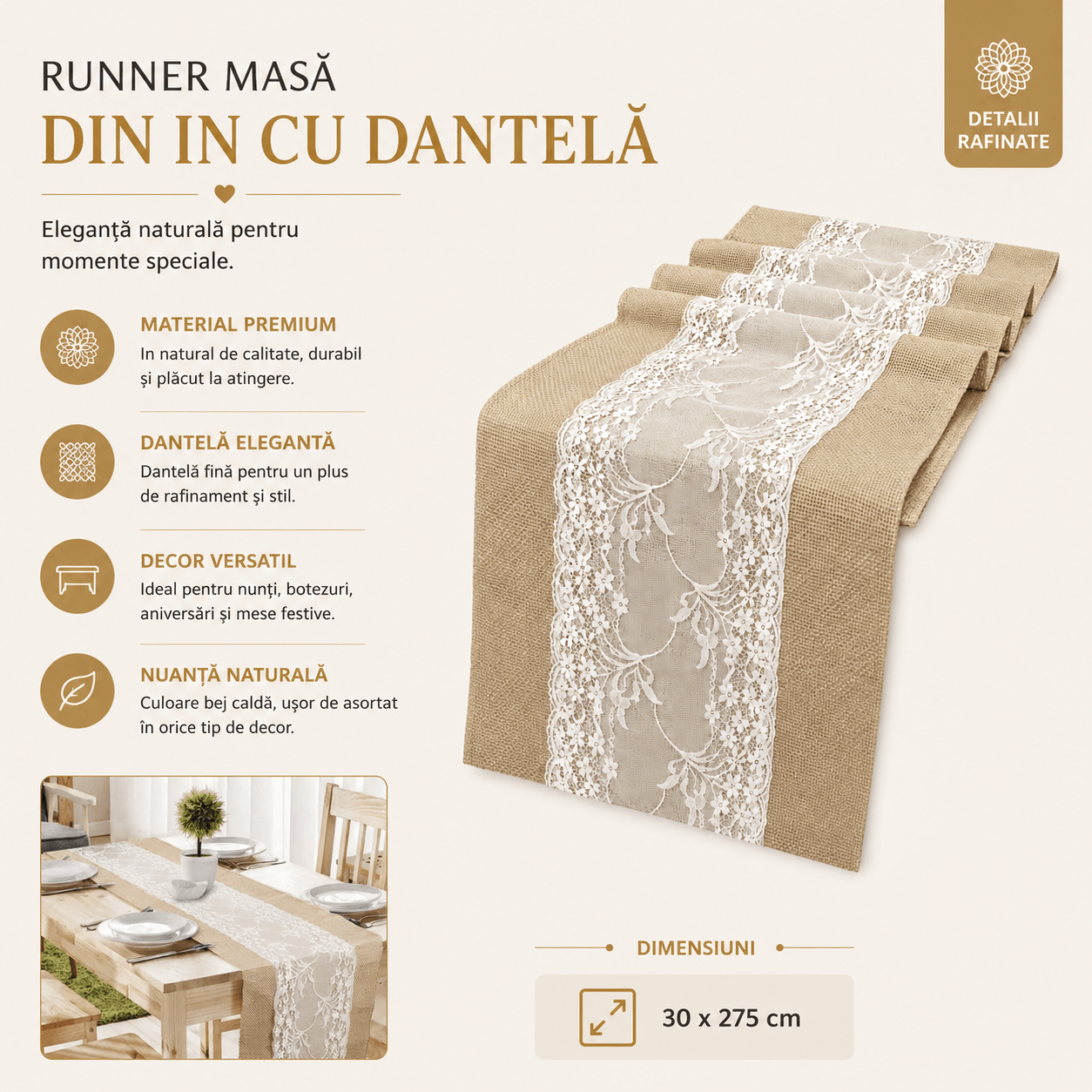 Runner masă din in cu dantelă - beige - CraftUp