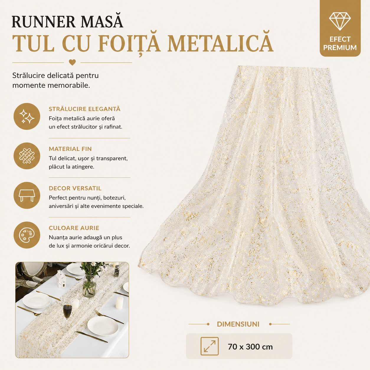 Runner masă tul cu foiță metalică - auriu - CraftUp