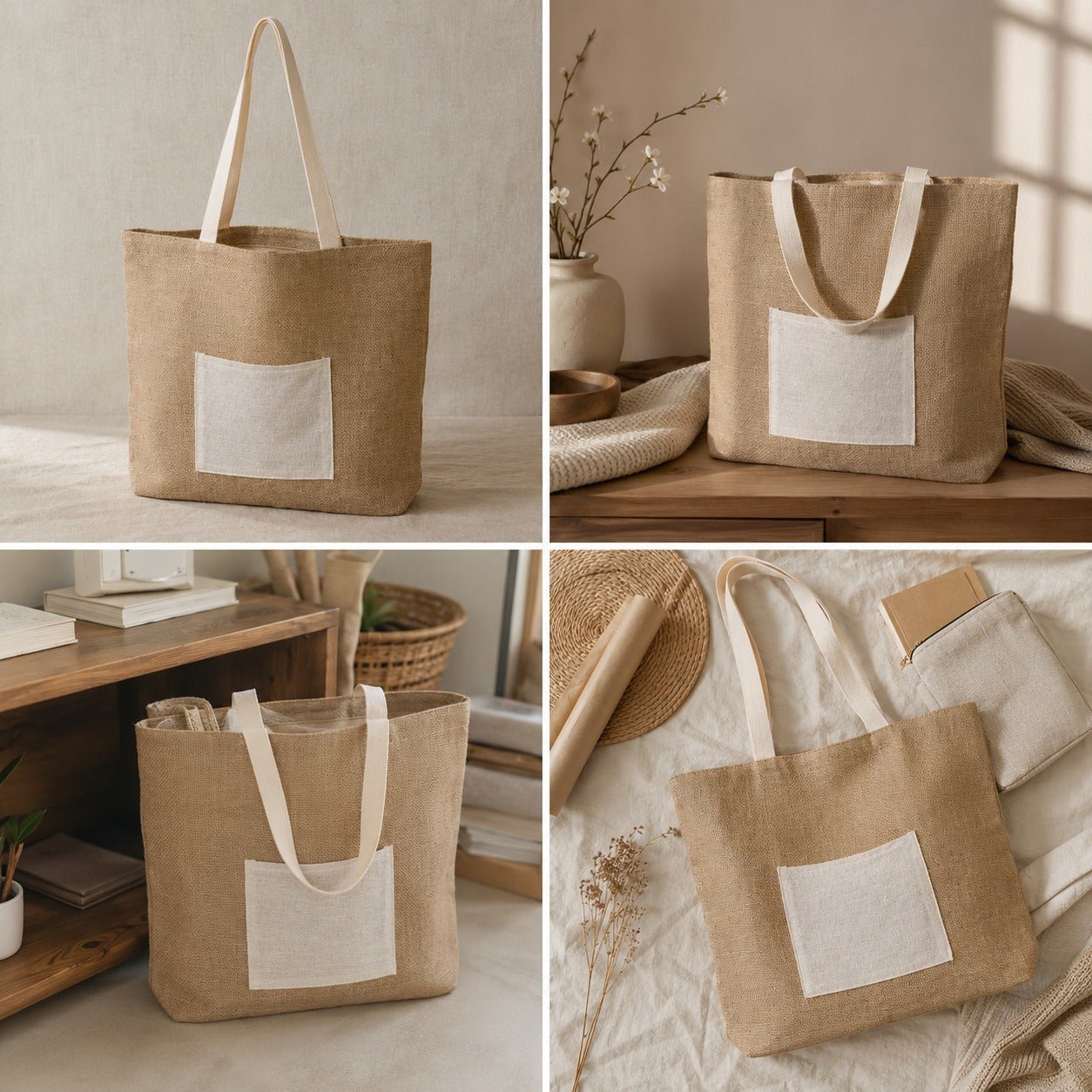 Sacoșă din iută naturală cu buzunar și fermoar - maro - CraftUp