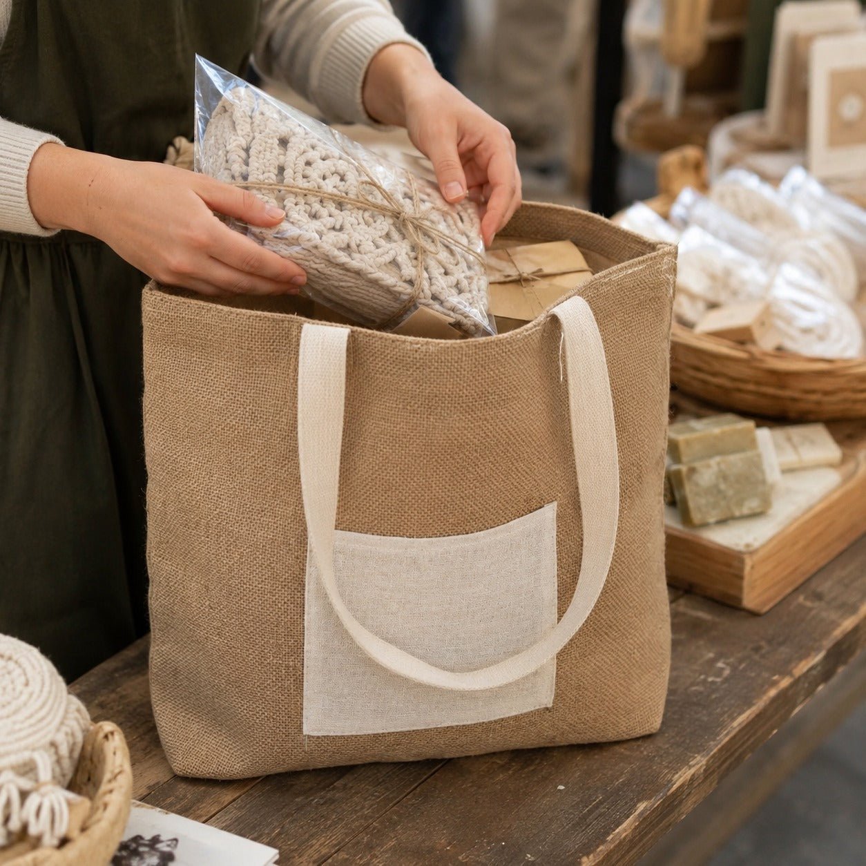 Sacoșă din iută naturală cu buzunar și fermoar - maro - CraftUp