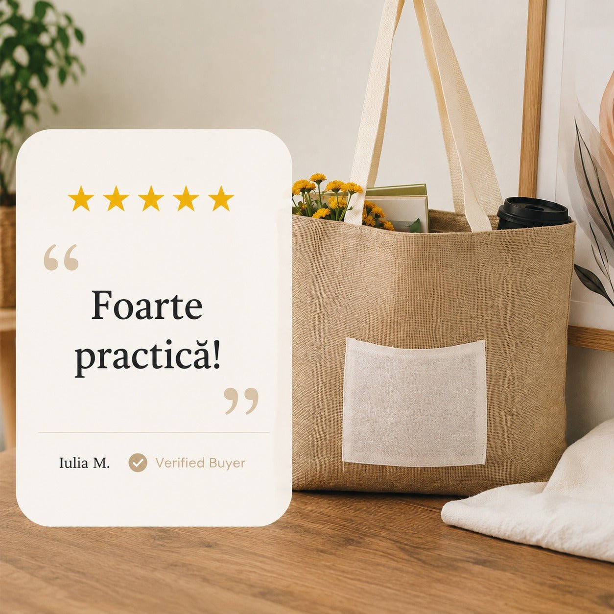 Sacoșă din iută naturală cu buzunar și fermoar - maro - CraftUp