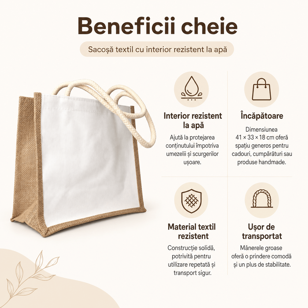 Sacoșă textil cu interior rezistent la apă 41x33x18cm - alb - maro - CraftUp