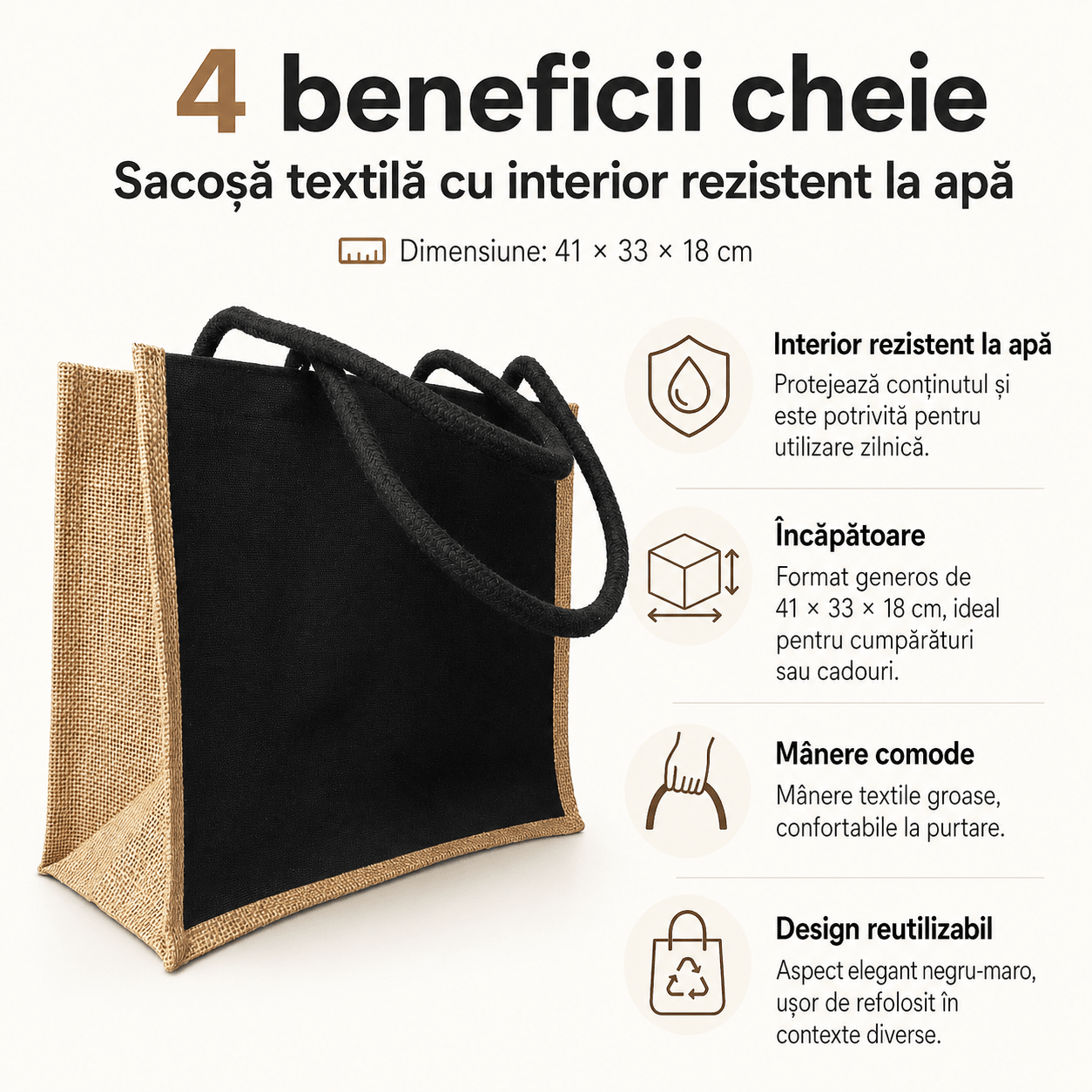 Sacoșă textil cu interior rezistent la apă 41x33x18cm - negru - maro - CraftUp
