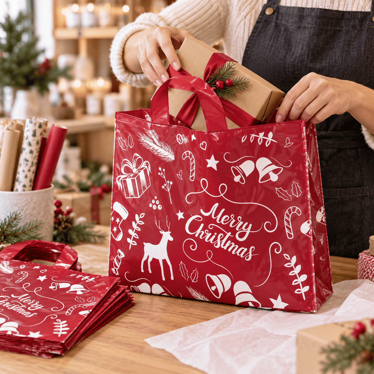 Sacoșe cadou de Crăciun cu ren și Merry Christmas - vișiniu (set 50 buc) - CraftUp