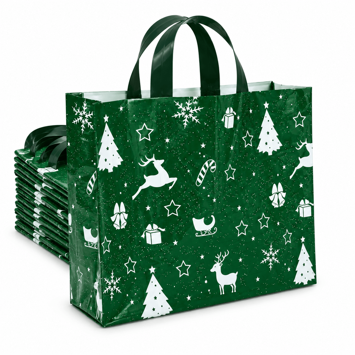 Sacoșe cadou de Crăciun cu sanie și reni - verde (set 50 buc) - CraftUp