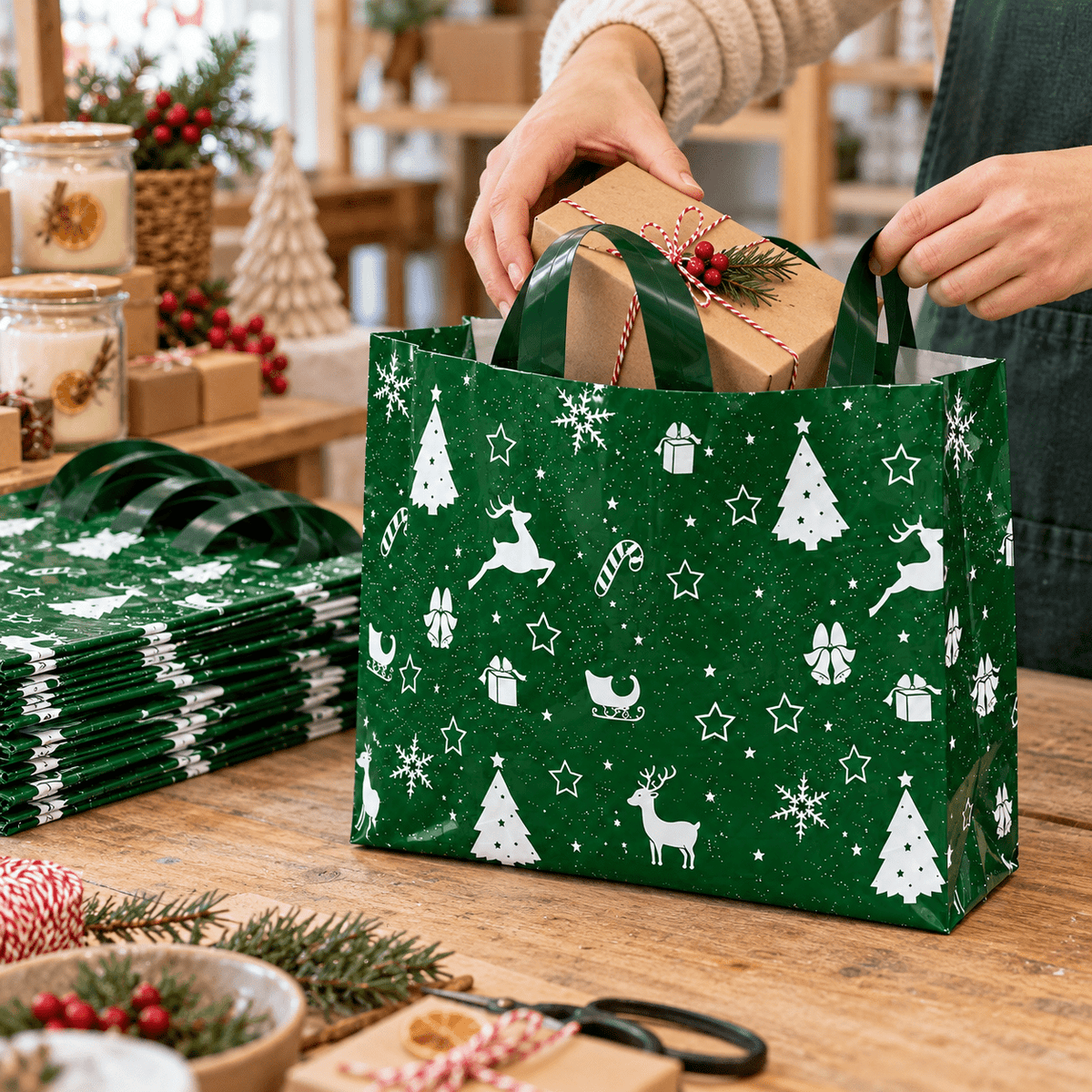 Sacoșe cadou de Crăciun cu sanie și reni - verde (set 50 buc) - CraftUp