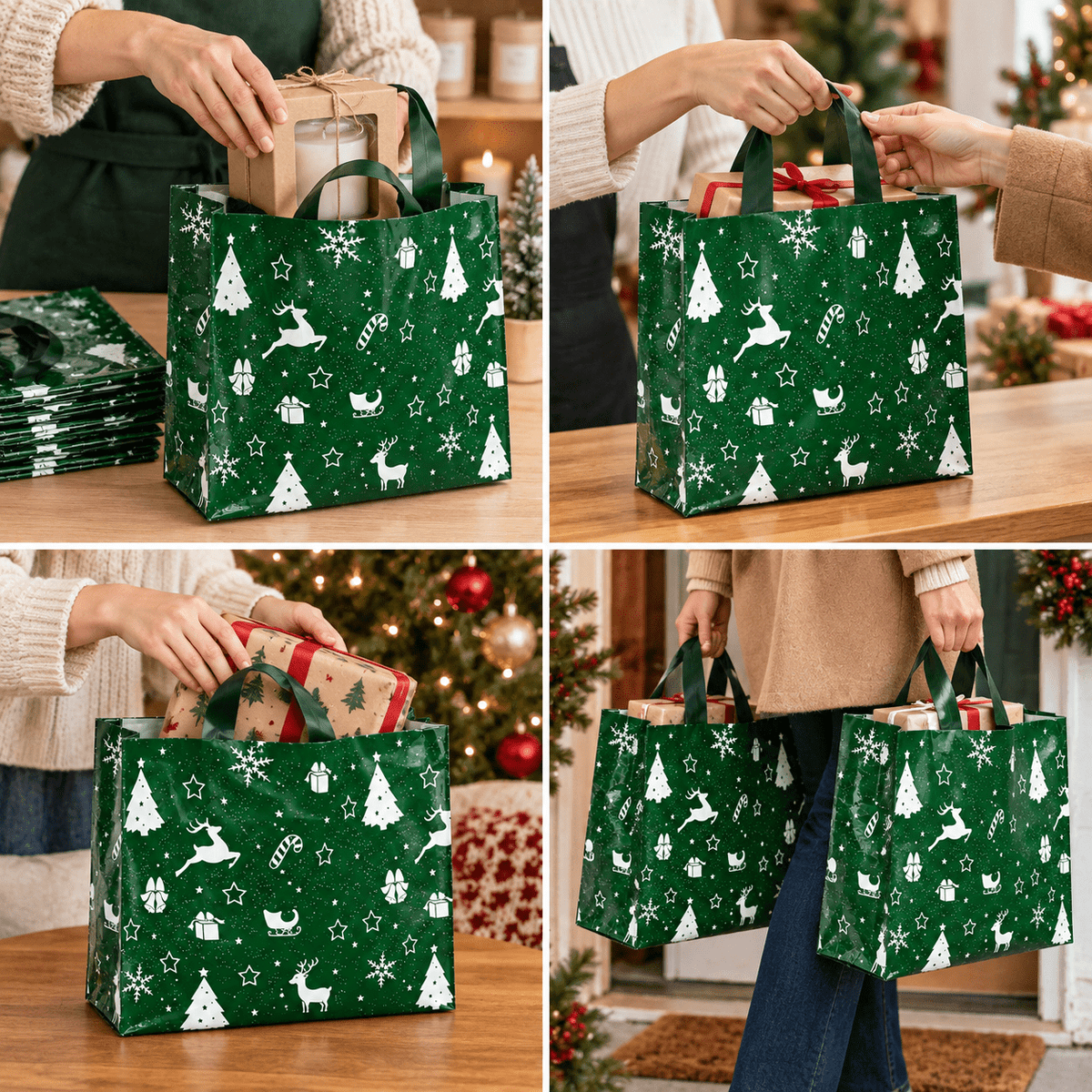 Sacoșe cadou de Crăciun cu sanie și reni - verde (set 50 buc) - CraftUp