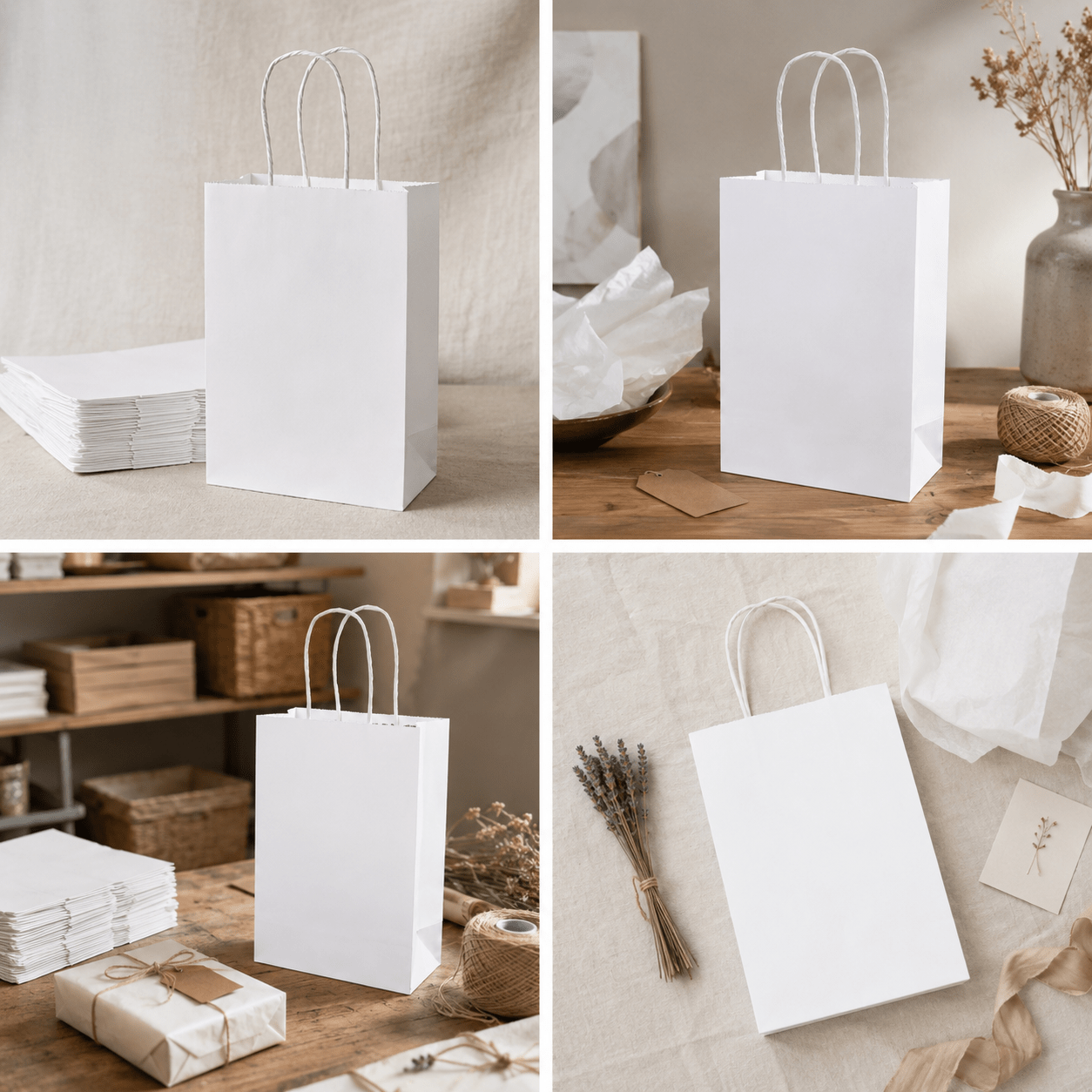 Sacoșe hârtie cu mâner răsucit - alb (set 12 buc) - CraftUp