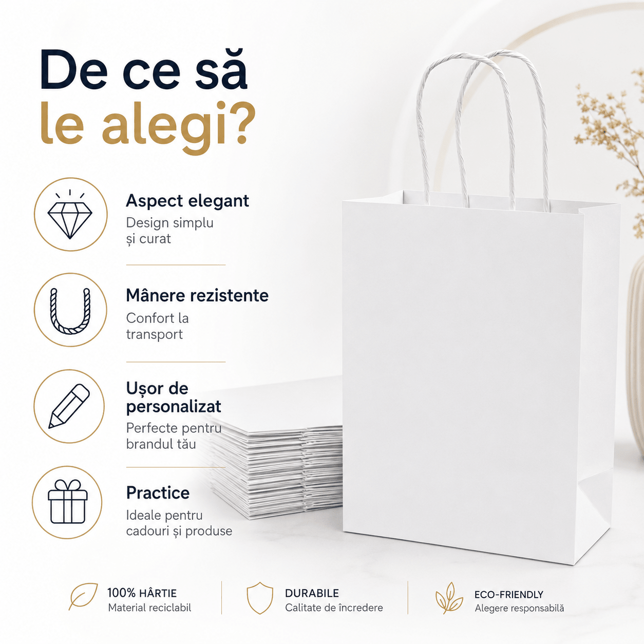 Sacoșe hârtie cu mâner răsucit - alb (set 12 buc) - CraftUp
