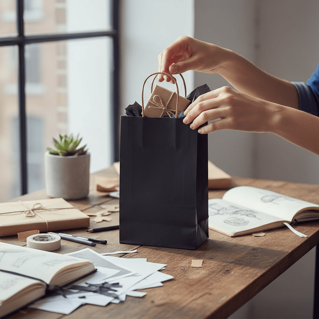 Sacoșe hârtie cu mâner răsucit - negru (set 12 buc) - CraftUp