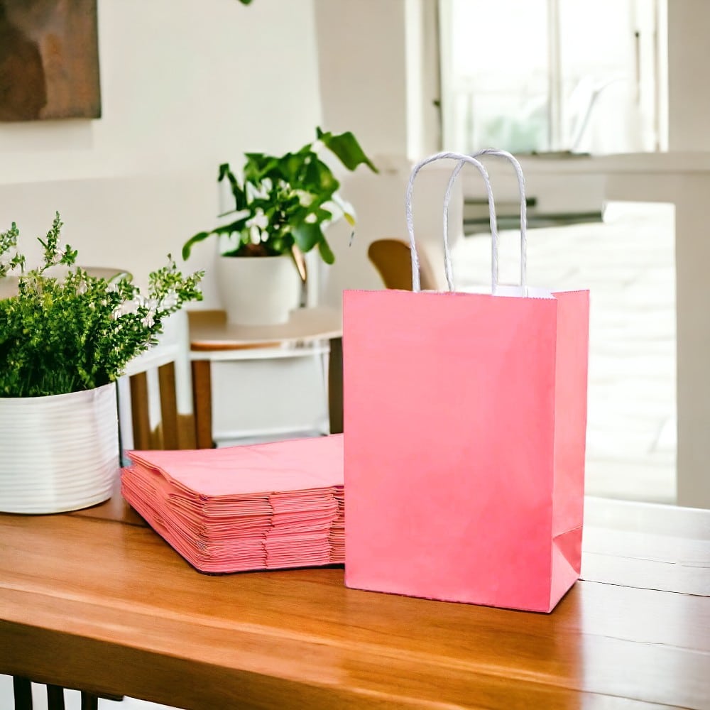 Sacoșe hârtie cu mâner răsucit - roz (set 12 buc) - CraftUp