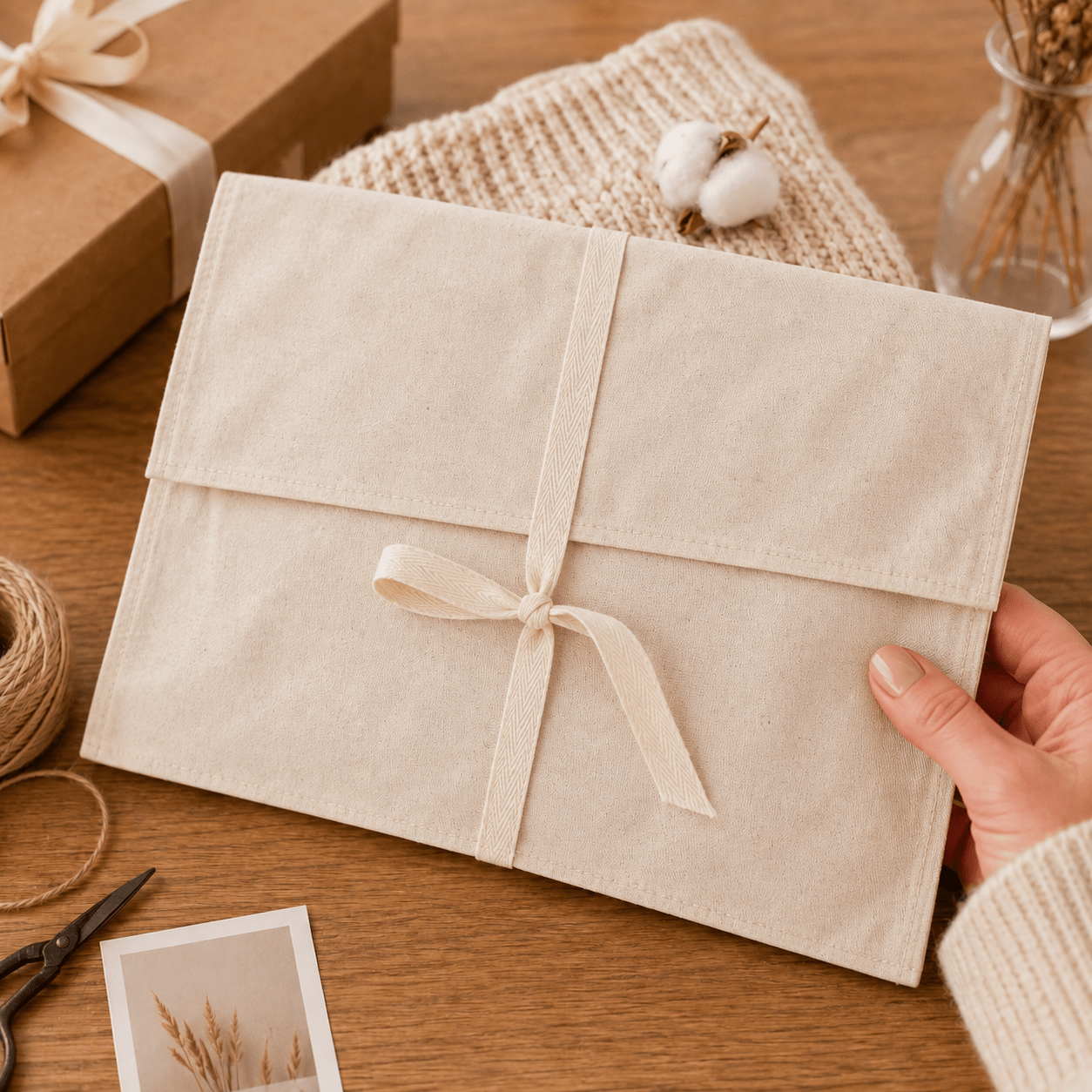 Săculeț plic bumbac cu panglică - bej - CraftUp