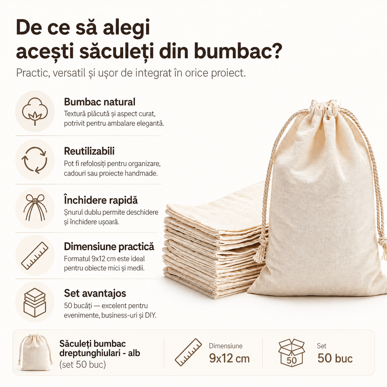Săculeți bumbac dreptunghiulari - alb (set 50 buc) - CraftUp