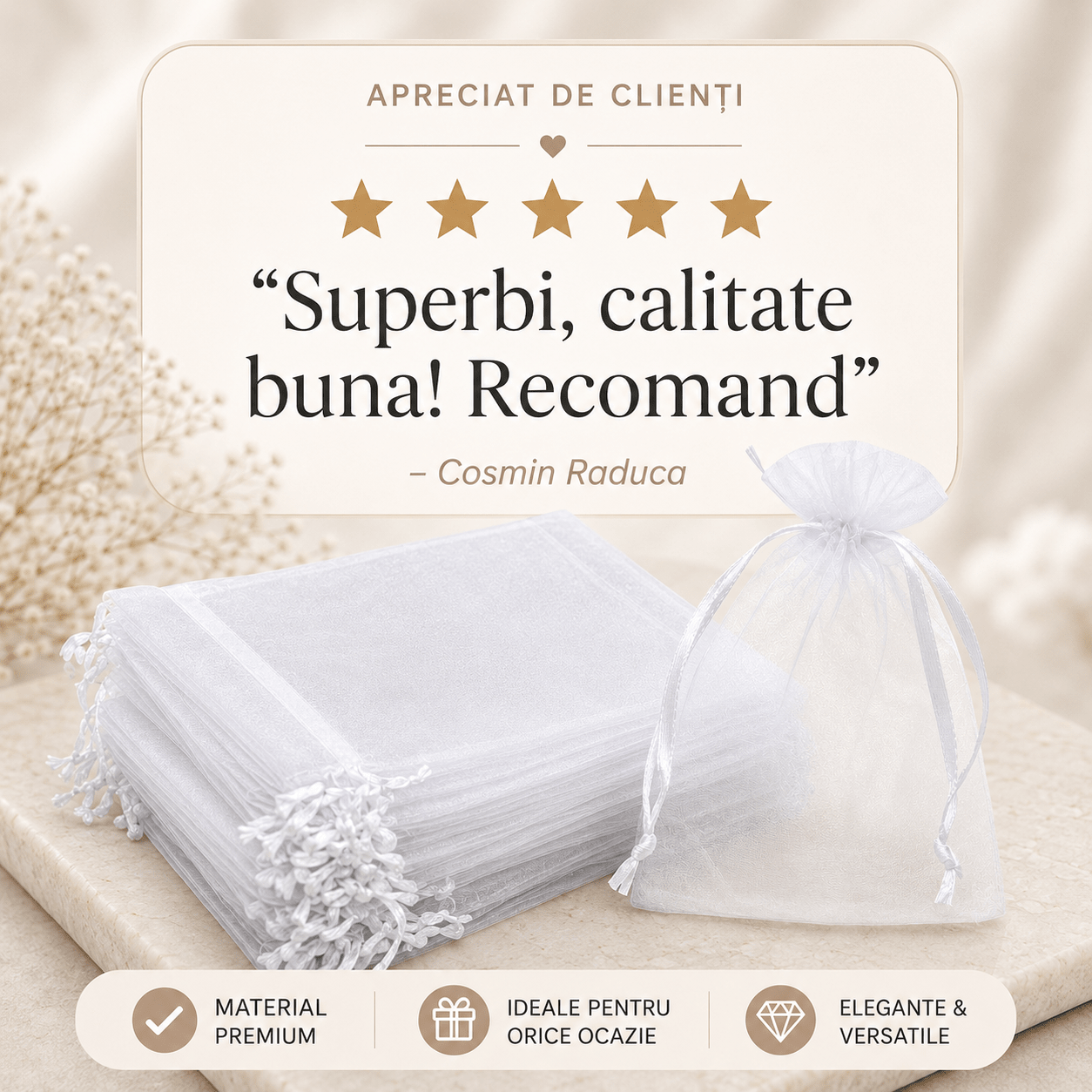 Săculeți organza cu șnur satin 12x17cm (set 100 buc) - CraftUp