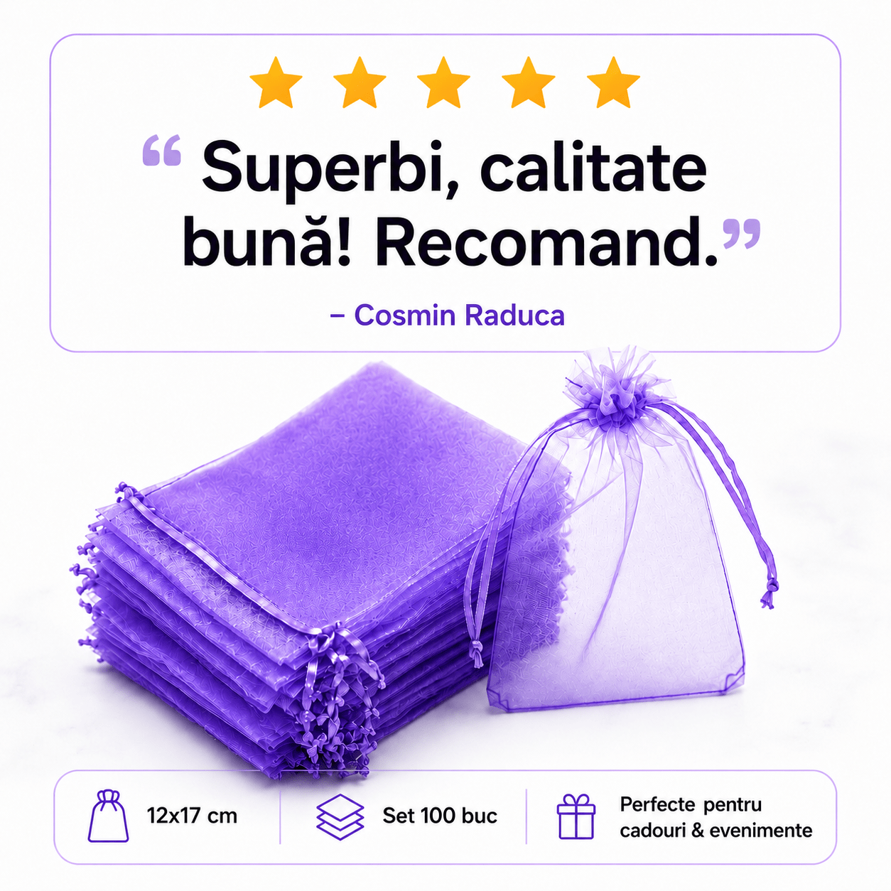 Săculeți organza cu șnur satin 12x17cm (set 100 buc) - CraftUp