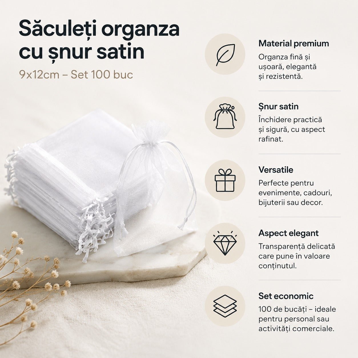 Săculeți organza cu șnur satin 9x12cm (set 100 buc) - CraftUp