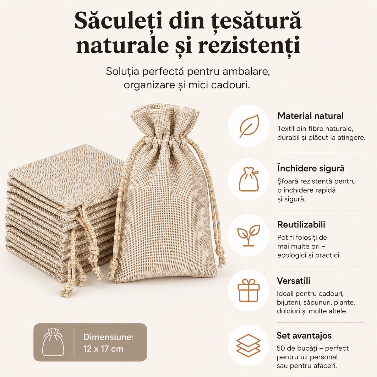 Săculeți țesătură sac cu sfoară 12x17cm (set 50 buc) - CraftUp