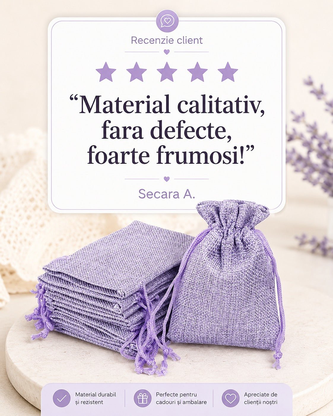 Săculeți țesătură sac cu sfoară 7x9cm (set 50 buc) - CraftUp