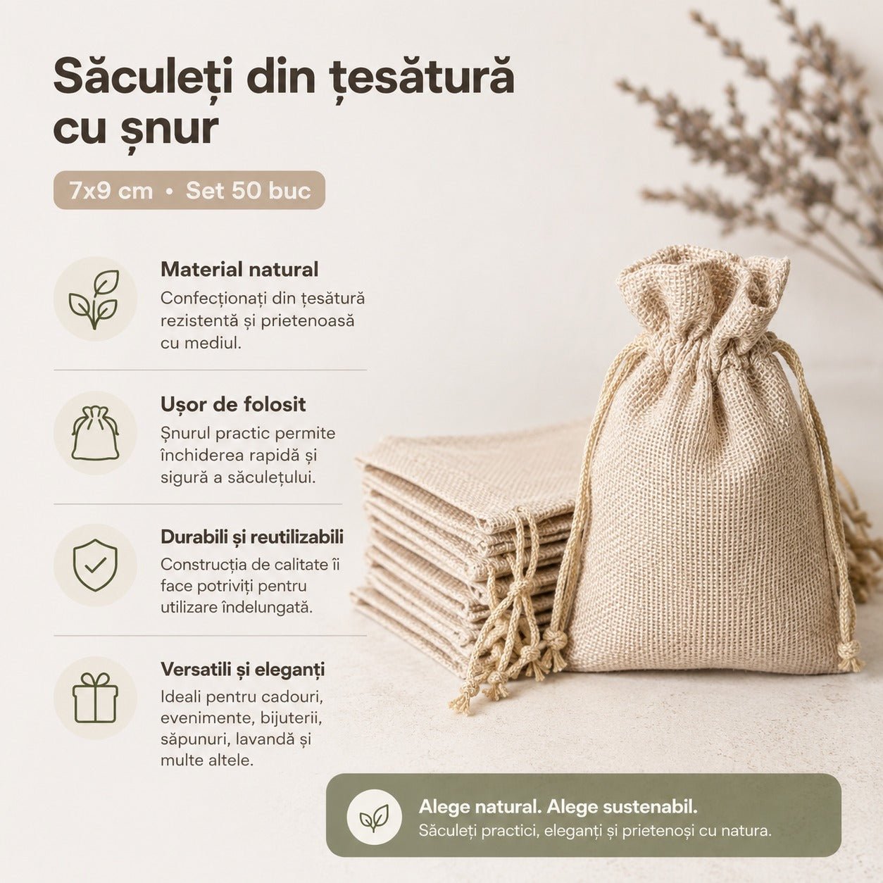 Săculeți țesătură sac cu sfoară 7x9cm (set 50 buc) - CraftUp