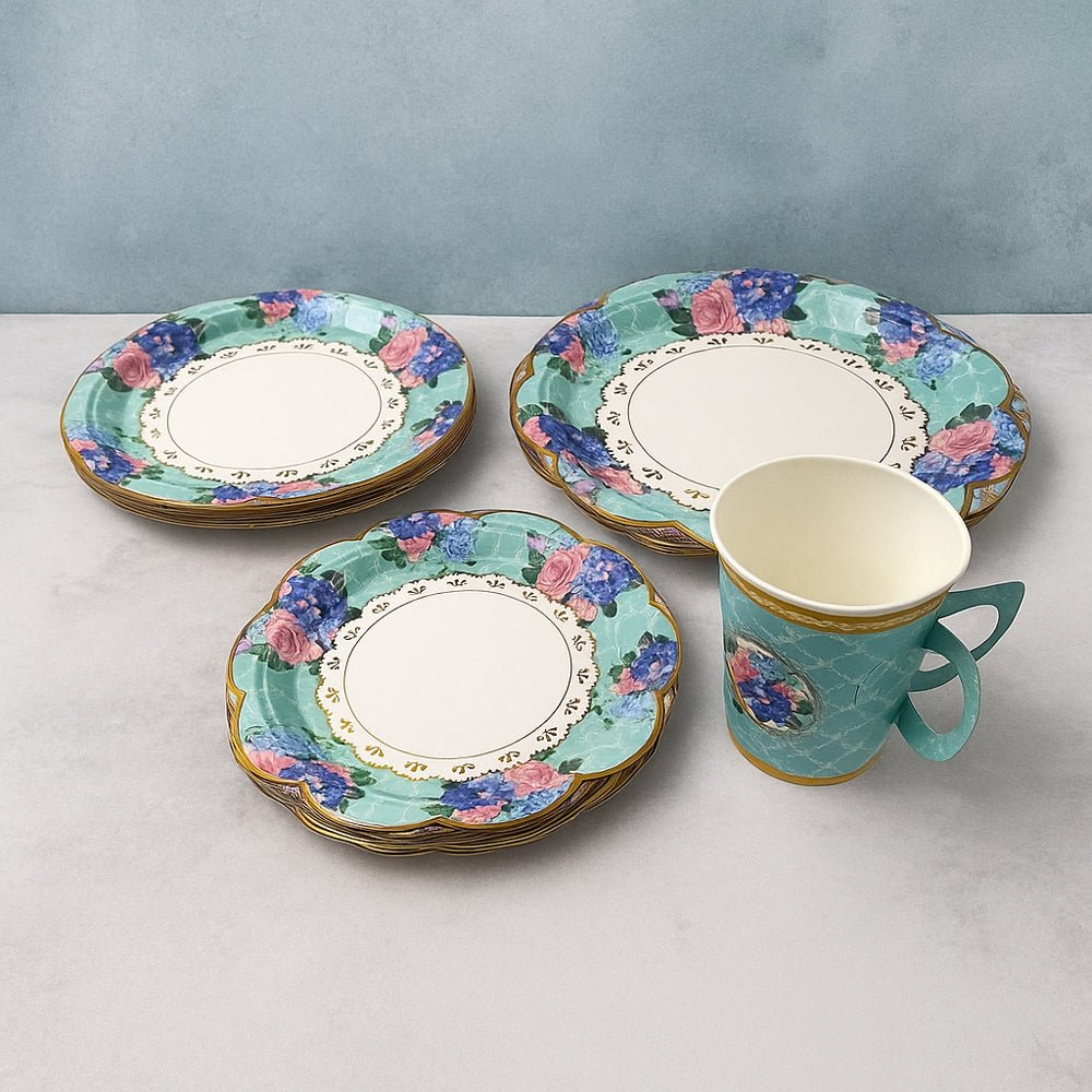 Set 148 articole petrecere - farfurii hârtie, pahare cu farfurioare, tacâmuri, paie și șervetele - bleu - CraftUp