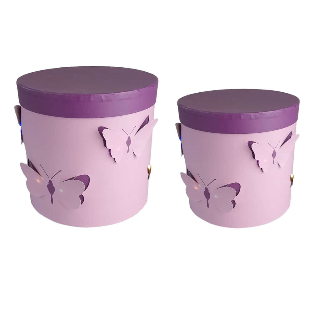 Set 2 cutii rotunde cu fluturi și lumini - mov - CraftUp