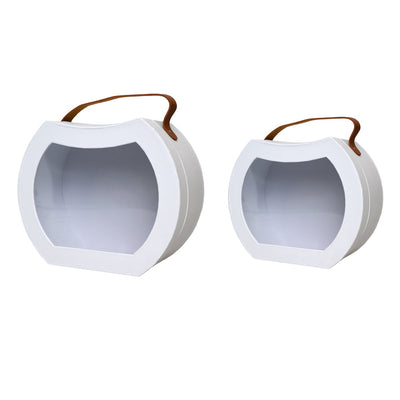 Set 2 cutii rotunjite cu mâner maro și fereastră - alb