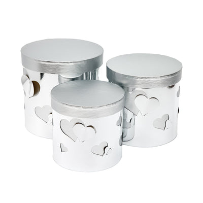Set 3 cutii rotunde lucioase cu inimi - argintiu