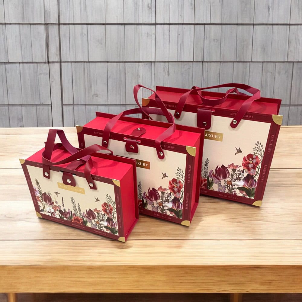 Set 3 cutii stil gentuță pentru cadouri cu mâner model retro - roșu - CraftUp