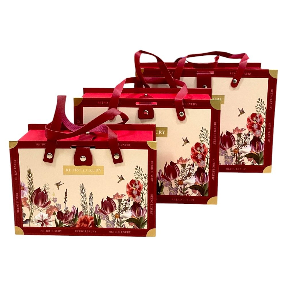 Set 3 cutii stil gentuță pentru cadouri cu mâner model retro - roșu - CraftUp