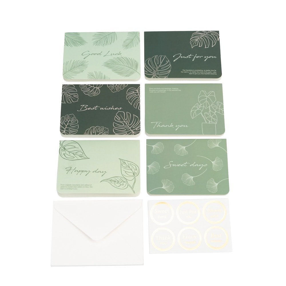 Set 6 felicitări diferite model floral cu text și sticker - verde - CraftUp