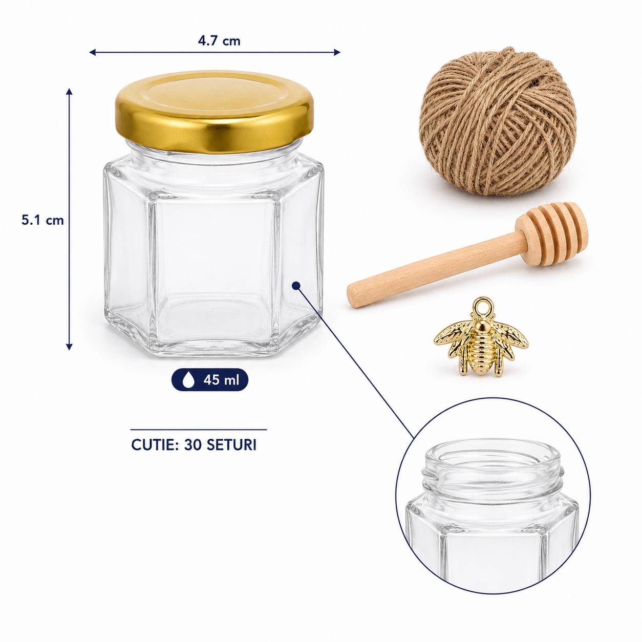Set borcan hexagonal pentru miere cu lingură și pandantiv (cutie 30 de seturi) - CraftUp
