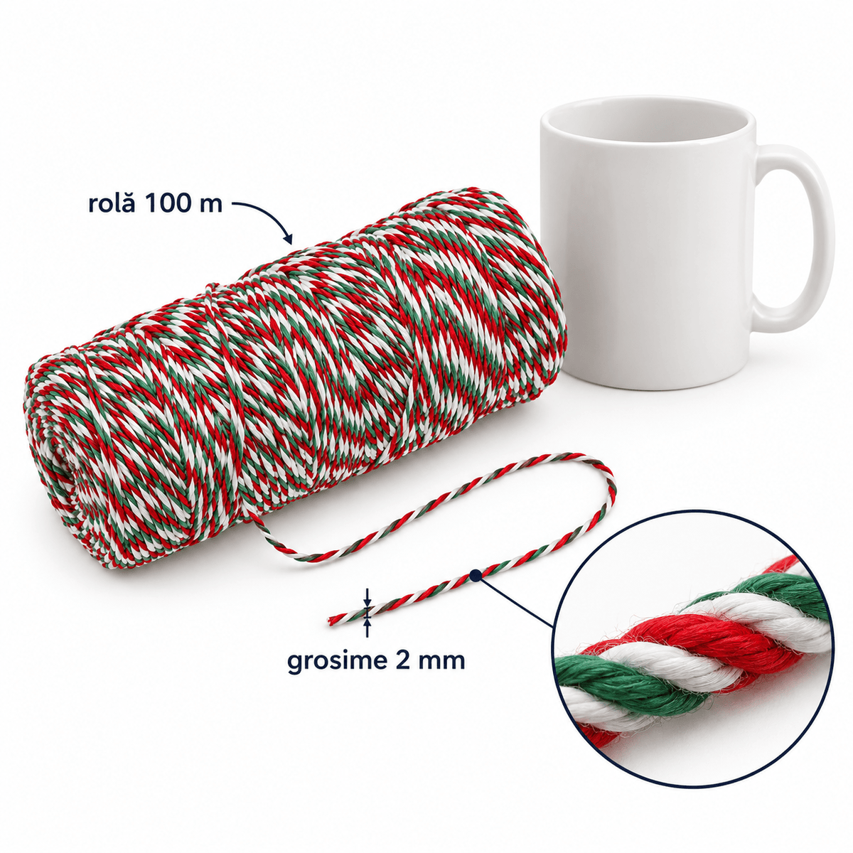 Sfoară decorativă de Crăciun - roșu, verde și alb (100 m) - CraftUp