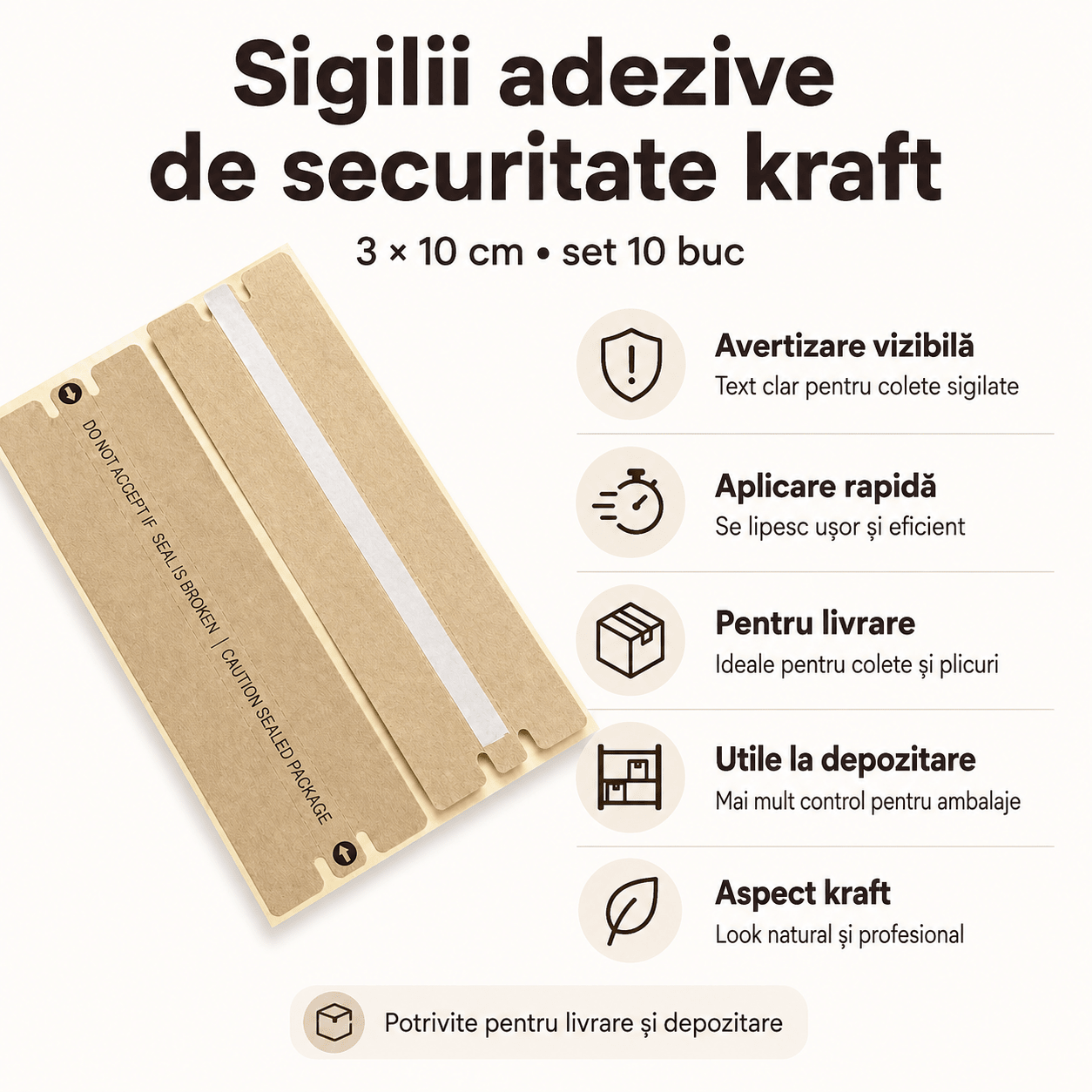 Sigilii adezive de securitate cu text de avertizare - kraft (set 10 buc) - CraftUp
