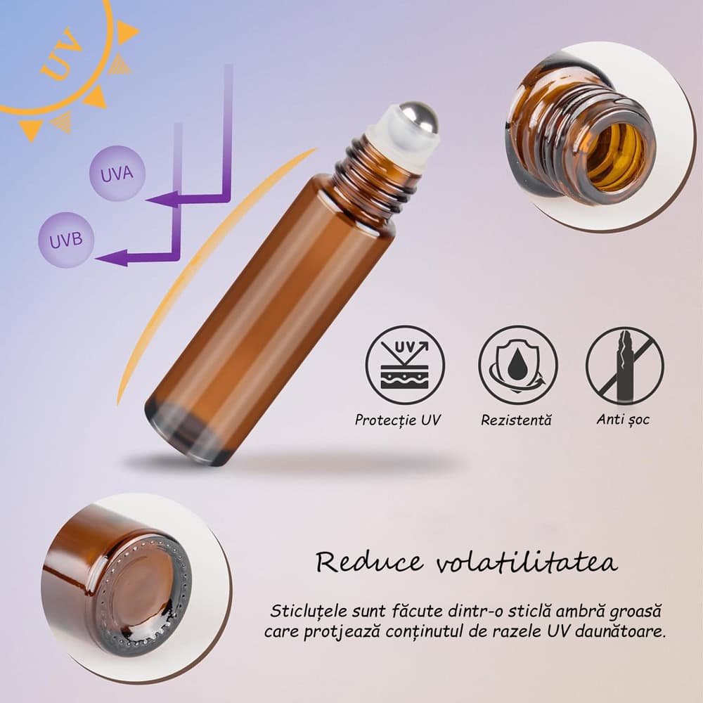 Sticluță ambră reutilizabilă cu roll on metalic și capac negru 10ml - CraftUp