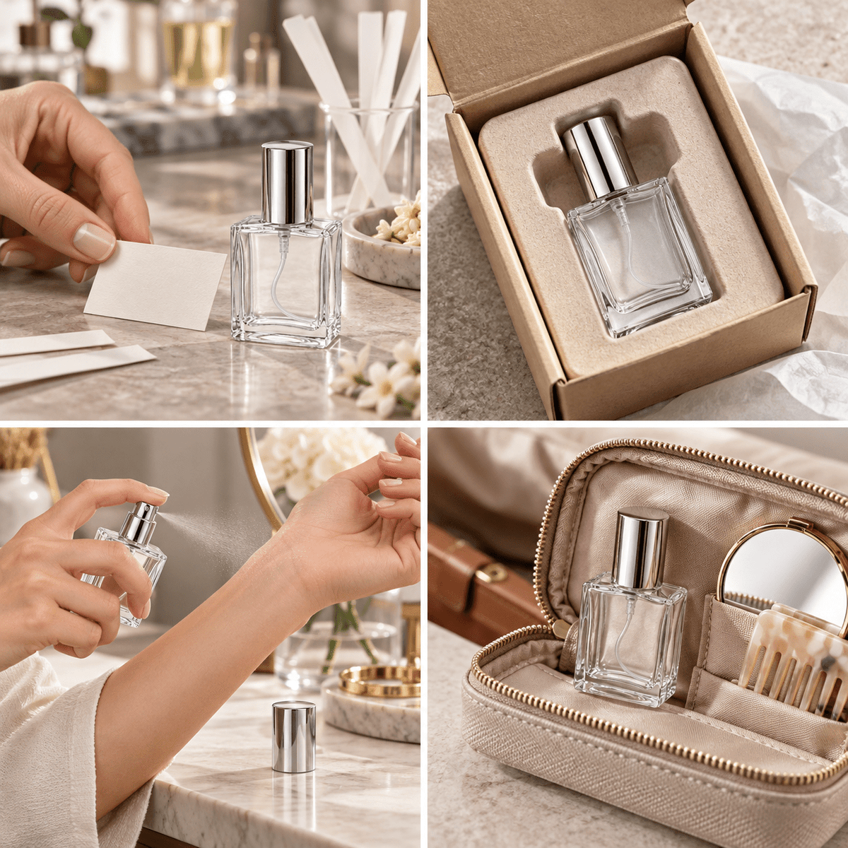 Sticluță de parfum pătrată cu spray și capac argintiu, 15 ml - transparentă - CraftUp