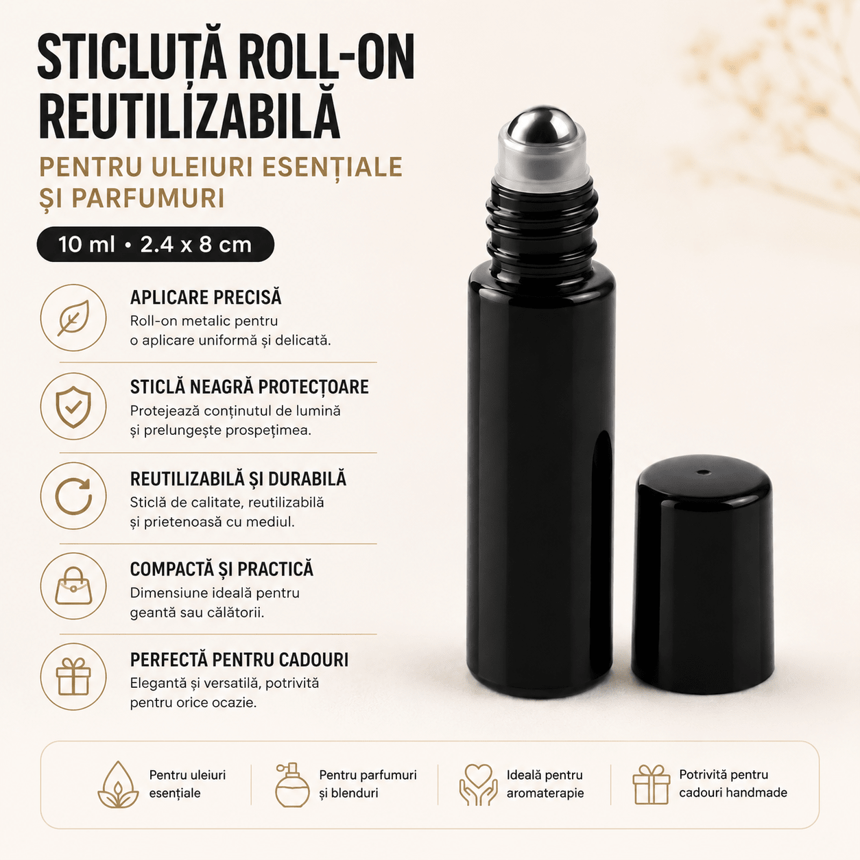 Sticluță neagră reutilizabilă cu roll-on metalic și capac negru 10ml - CraftUp