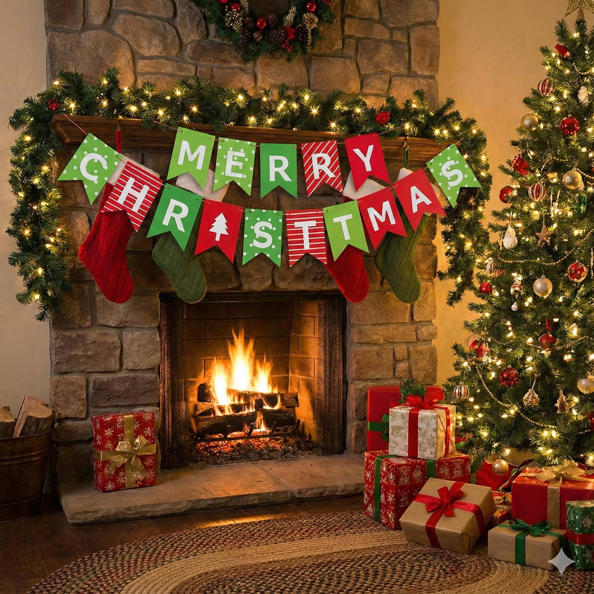 Banner Crăciun cu mesaj Merry Christmas - model 1 roșu și verde