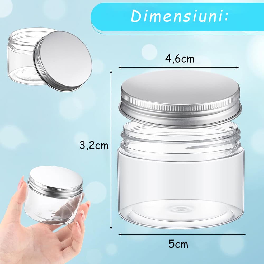 Borcan rotund transparent din plastic cu capac aluminiu 30ml - craftup.ro